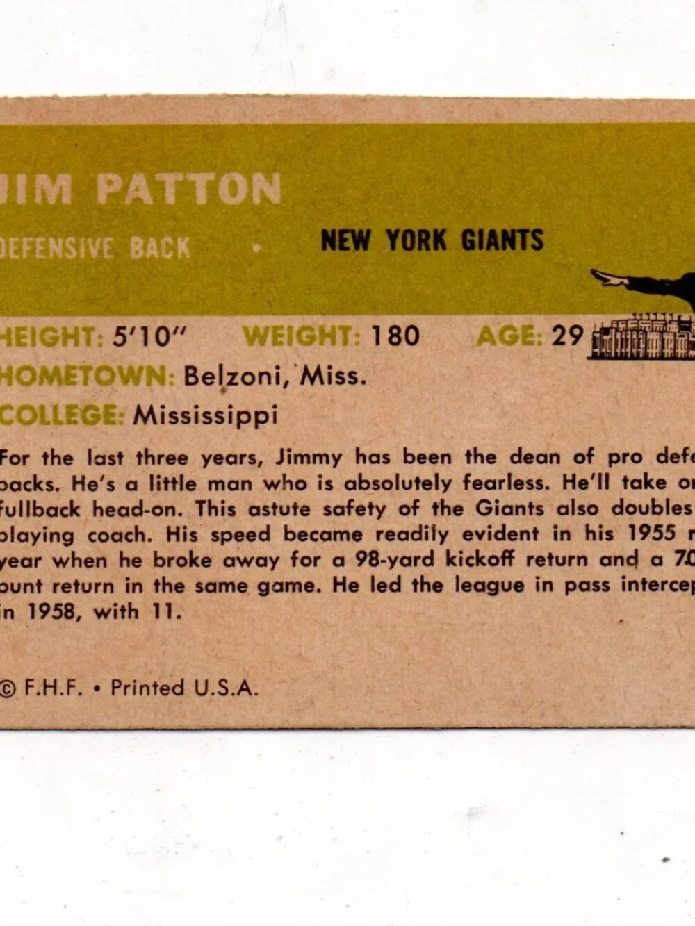 Vintage 1961 Collectible Football Card - Jim Patton